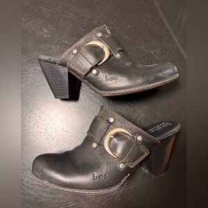 BOC Leather Heeled Mule Clogs Black Buckle Boho Y2K Size 7